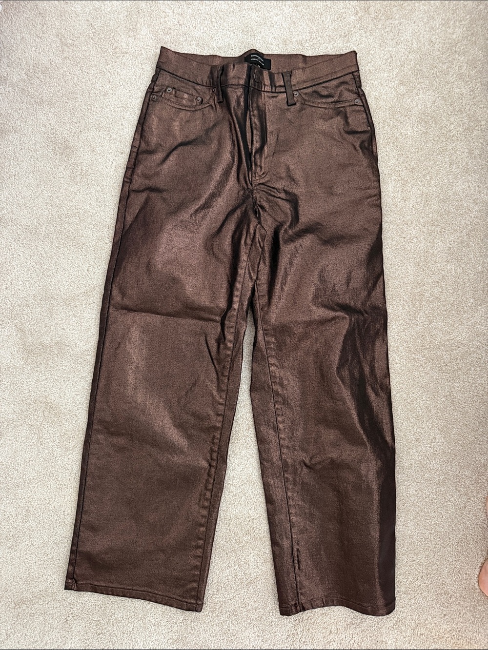 Womens Brown Metallic Straight-Leg Pants